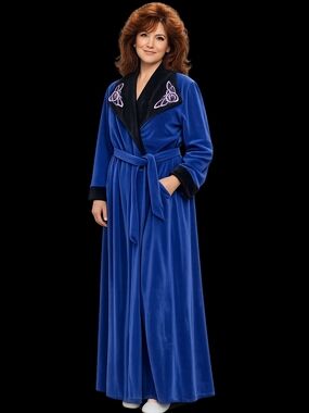 Plush Royal Blue Velvet Women's Long Robe with Embroidered Collar